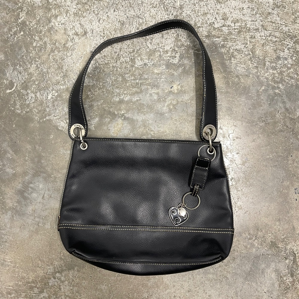 Tommy Hilfiger Black Pebbled Faux Leather Shoulder Bag Heart Charm White Stitch